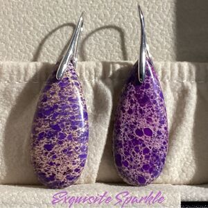 💜 Silver  Purple Emperor’s Stone  Natural Agate Drop Dangle Earrings
